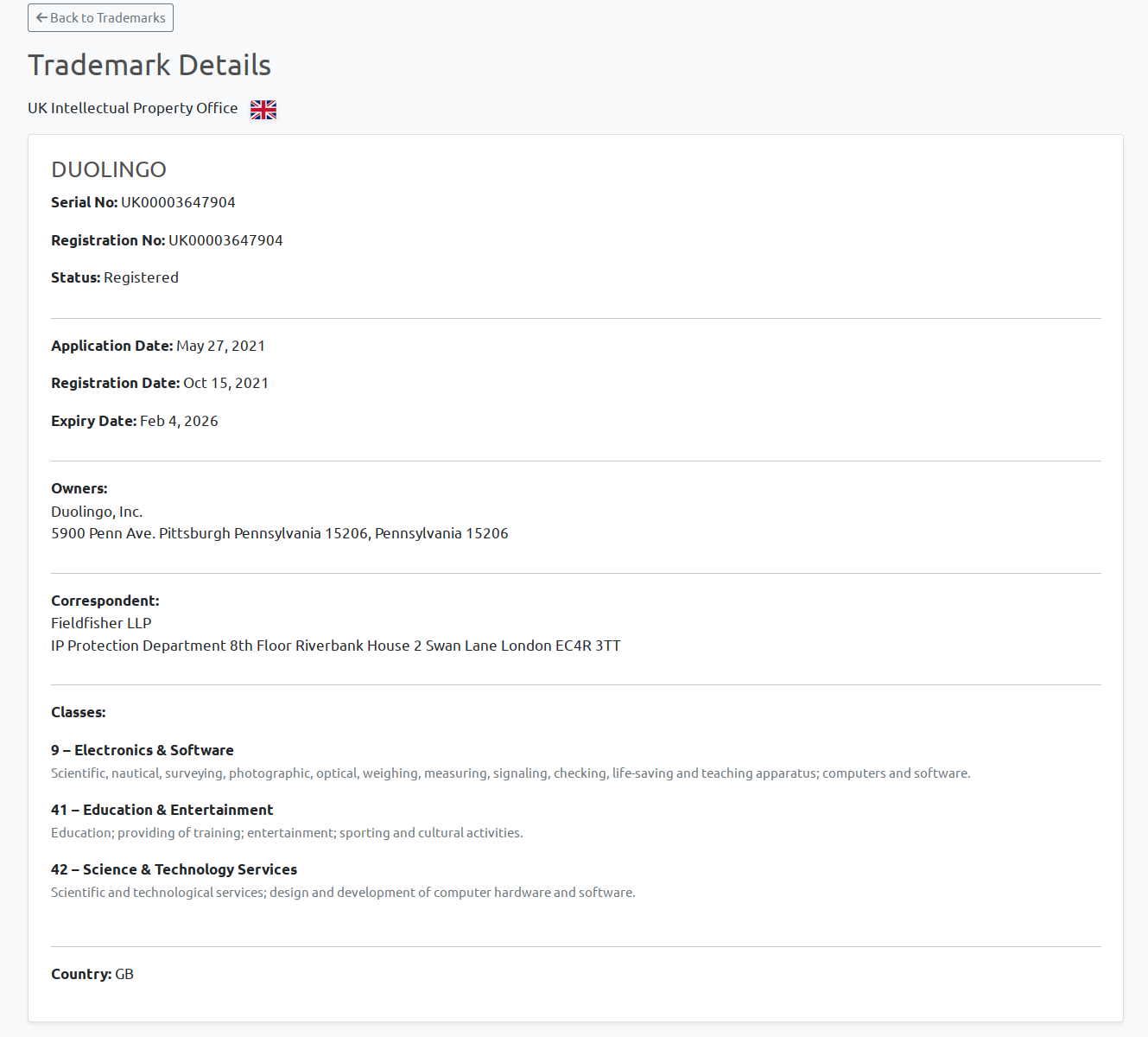 UKIPO trademark details view