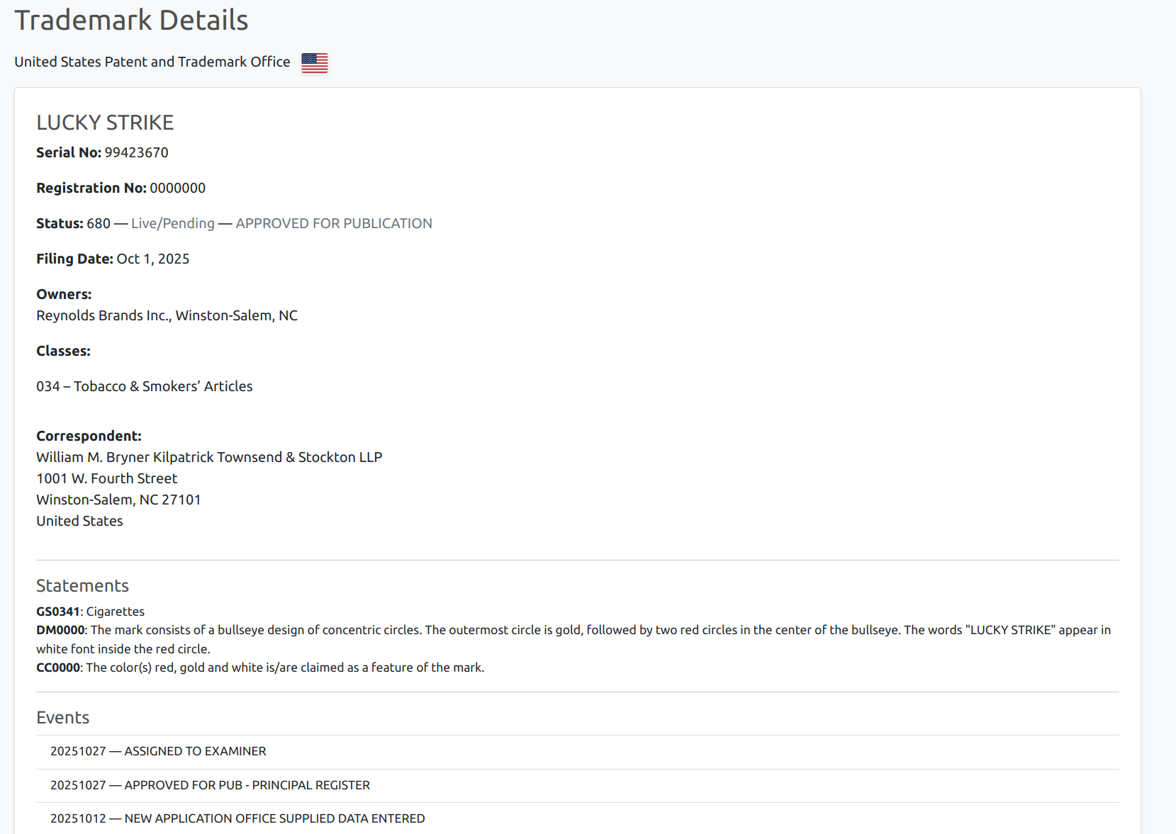 USPTO trademark details view